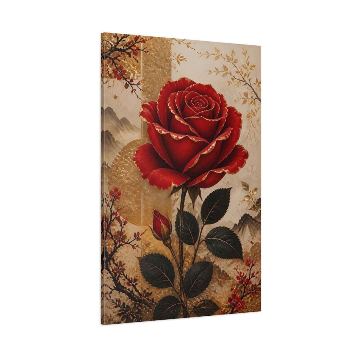 Floral Red Rose Gold Canvas Wall Art Print – Chinoiserie Living Room, Large - YesArtYes