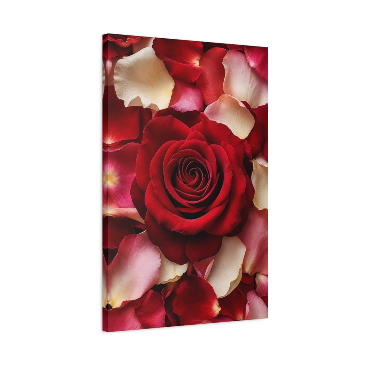 Side Mockup 2. Floral Red Rose Red Rose Petals shown as stretched canvas wall art