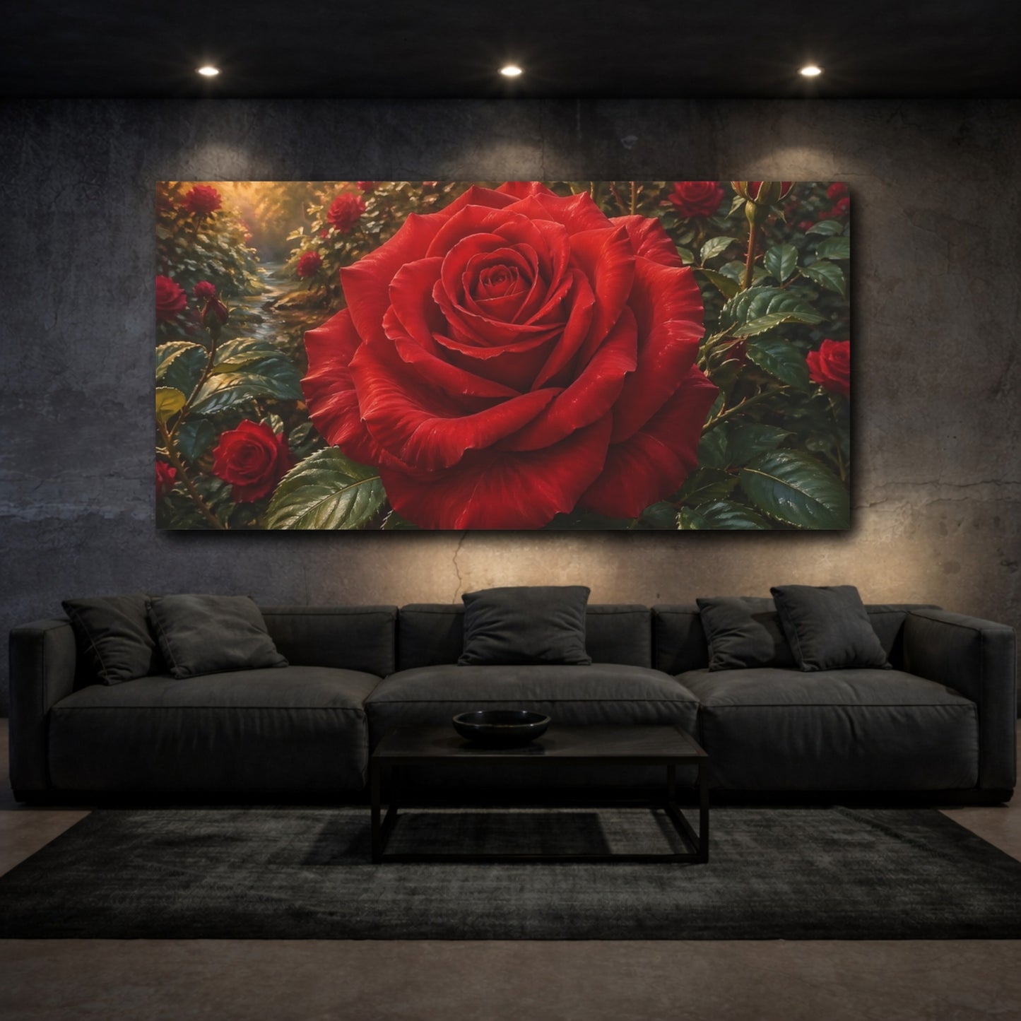 Mockup 2. Floral Red Rose Red Floral shown as stretched canvas wall art