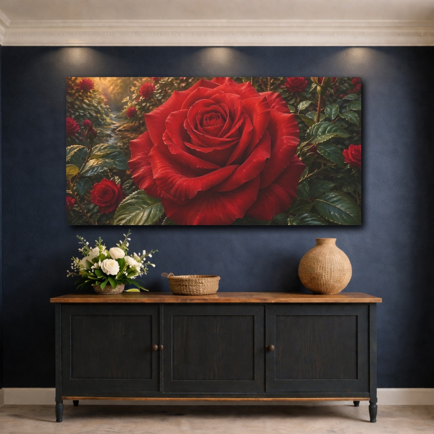 Mockup 4. Floral Red Rose Red Floral shown as stretched canvas wall art