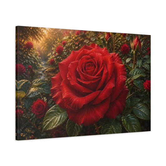 Main Mockup. Floral Red Rose Red Rose Garden shown as stretched canvas wall art