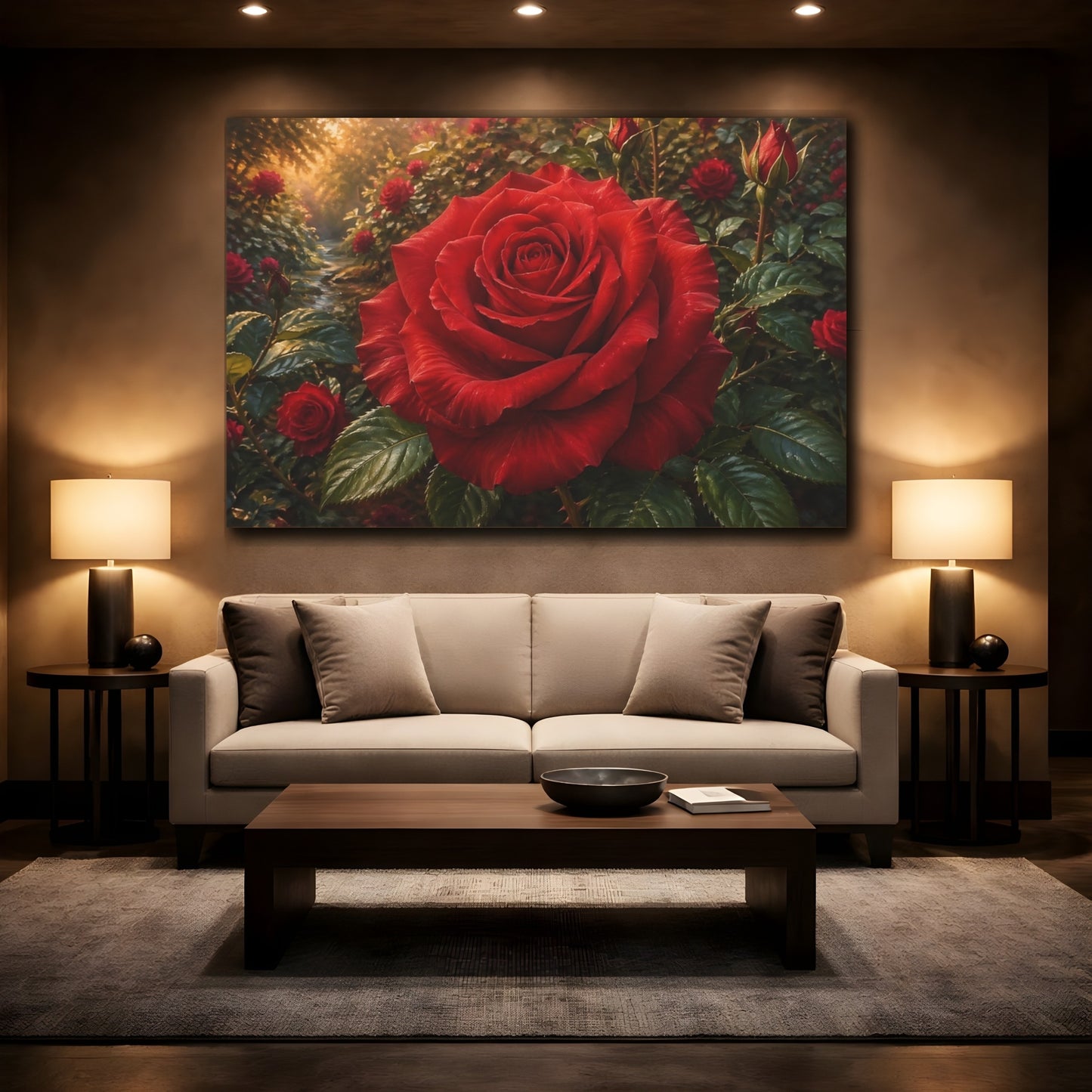 Mockup 2. Floral Red Rose Red Rose Garden shown as stretched canvas wall art
