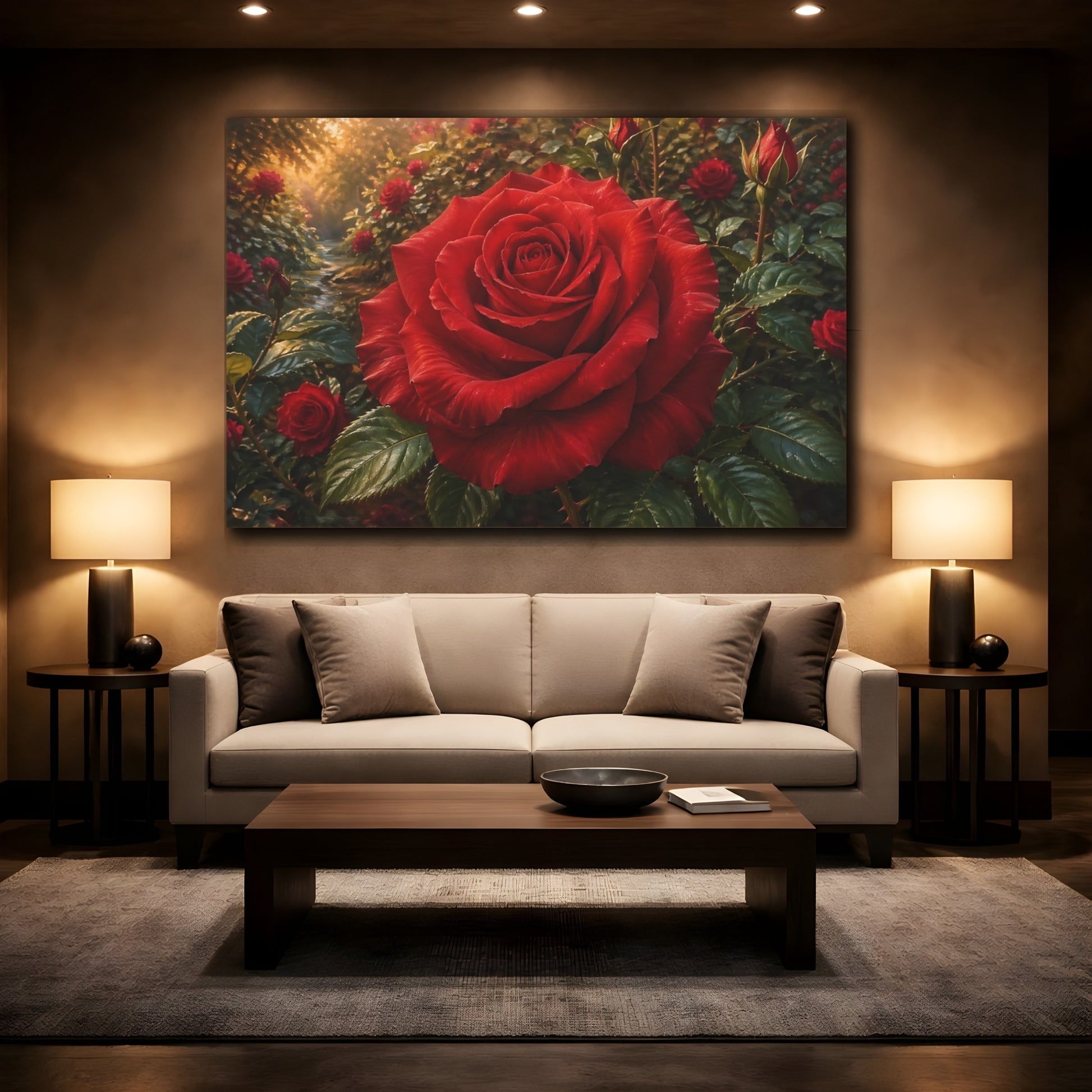 Mockup 2. Floral Red Rose Red Rose Garden shown as stretched canvas wall art