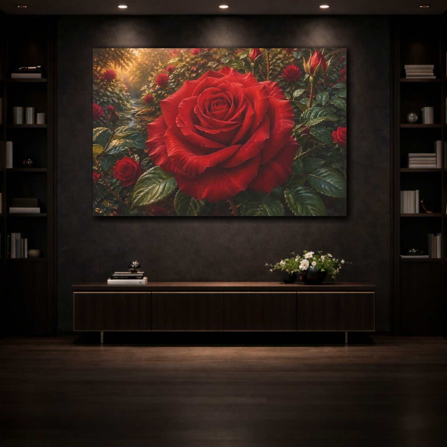 Mockup 3. Floral Red Rose Red Rose Garden shown as stretched canvas wall art