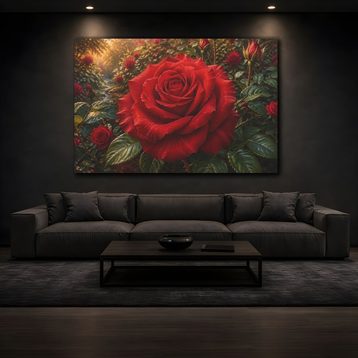 Mockup 4. Floral Red Rose Red Rose Garden shown as stretched canvas wall art
