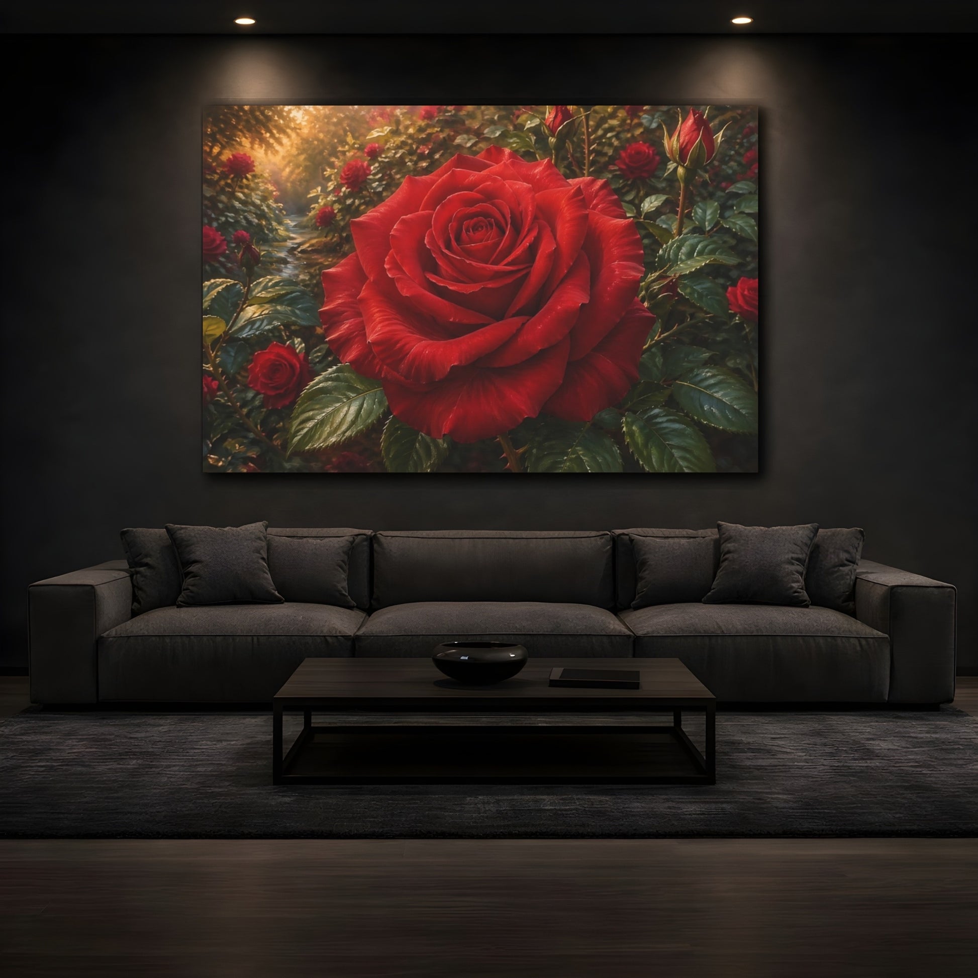 Mockup 4. Floral Red Rose Red Rose Garden shown as stretched canvas wall art