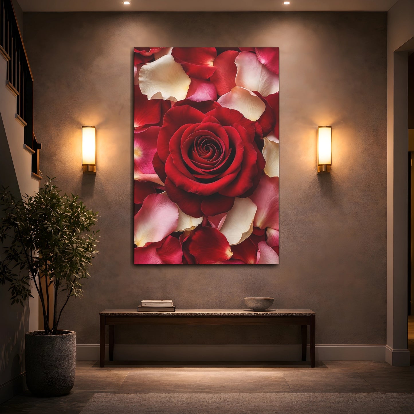 Mockup 2. Floral Red Rose Red Rose Petals shown as stretched canvas wall art