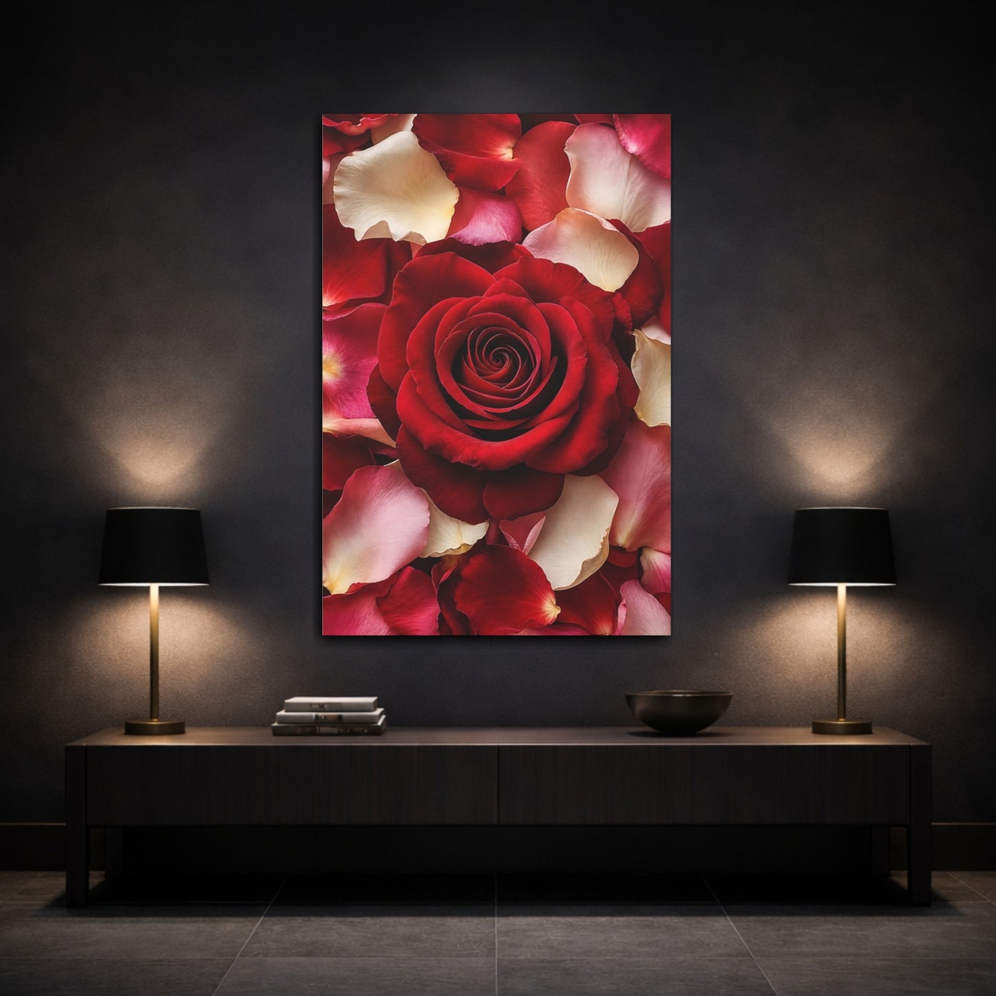 Mockup 3. Floral Red Rose Red Rose Petals shown as stretched canvas wall art