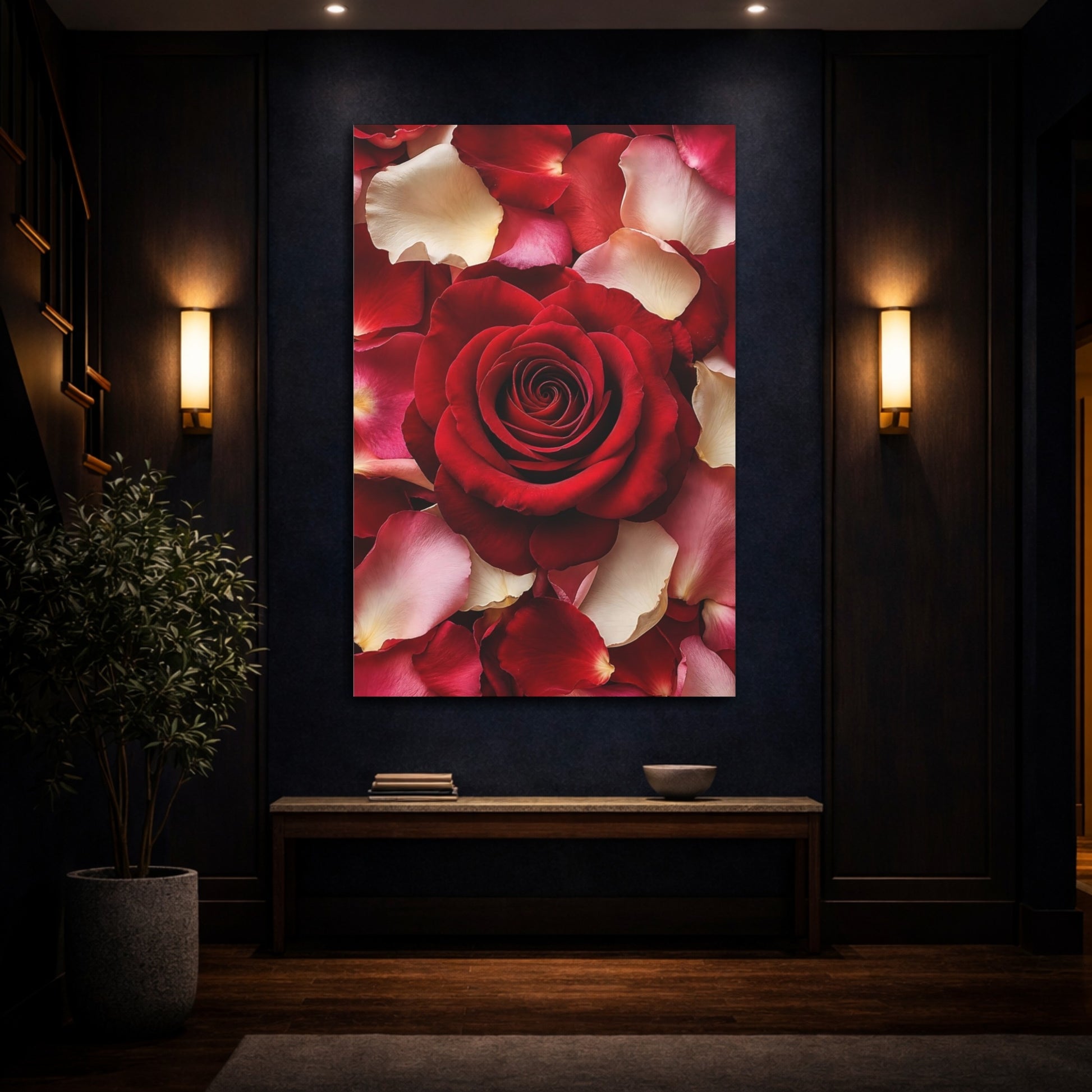 Mockup 4. Floral Red Rose Red Rose Petals shown as stretched canvas wall art