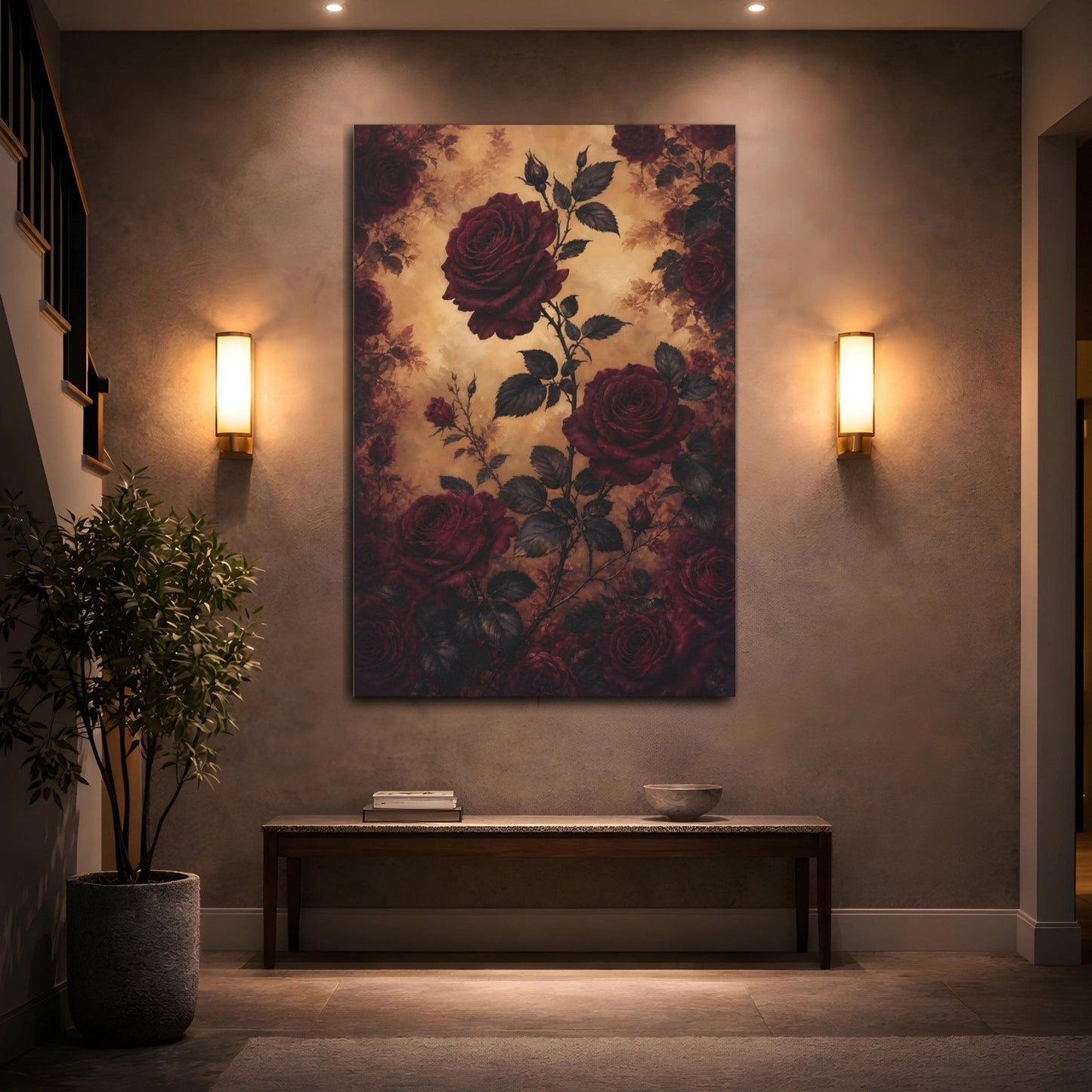 Floral Red Roses And Gold Canvas Print – Vintage Living Room, Above Couch - YesArtYes