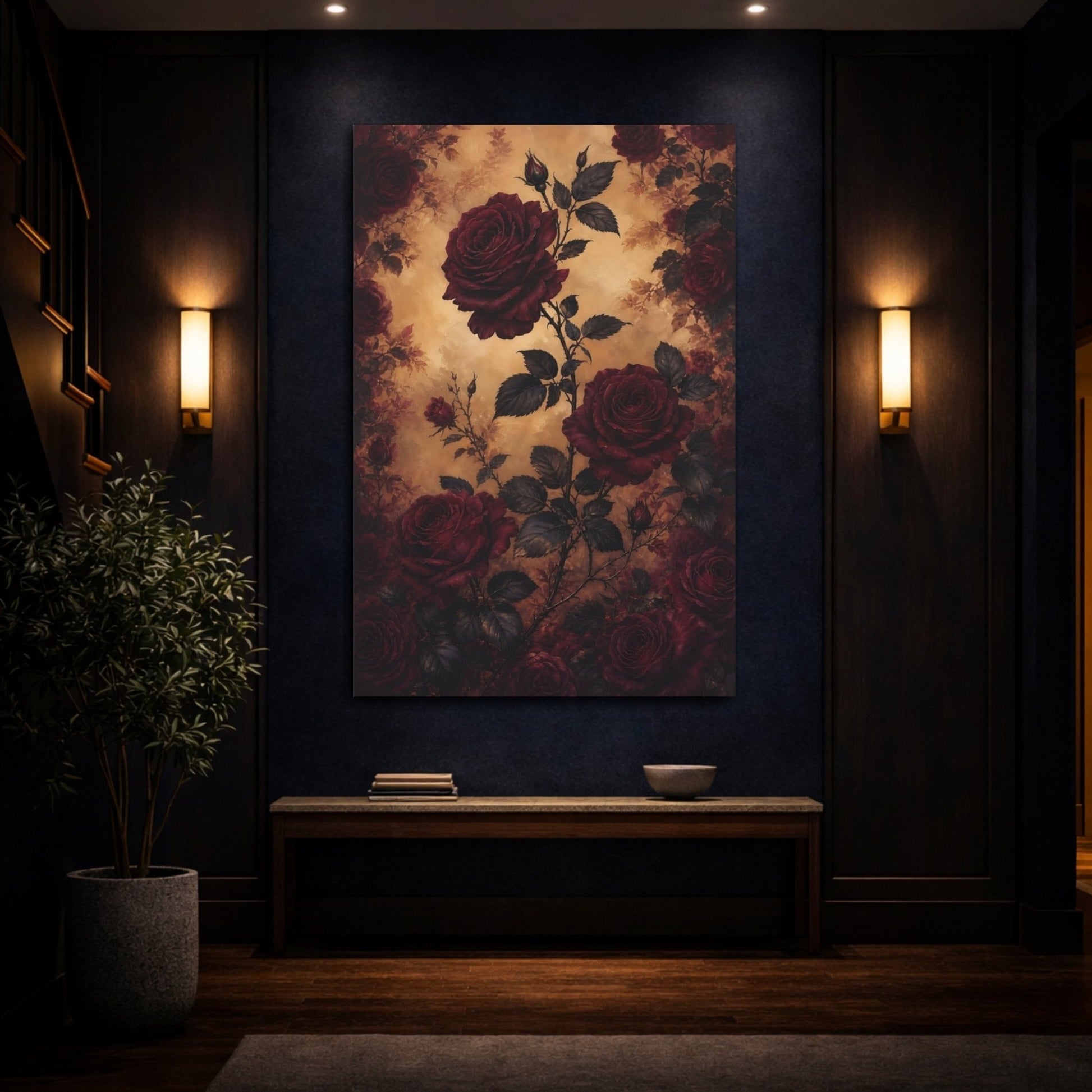 Floral Red Roses And Gold Canvas Print – Vintage Living Room, Above Couch - YesArtYes