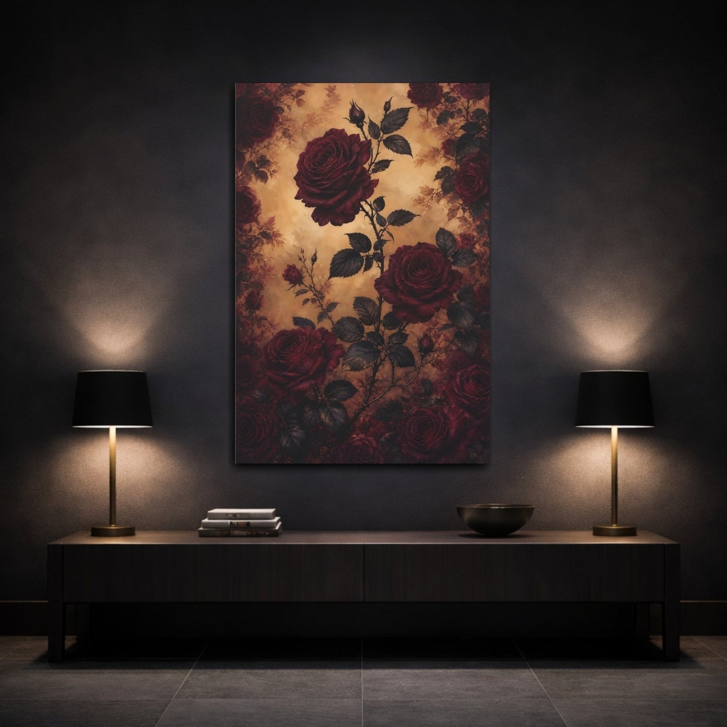 Floral Red Roses And Gold Canvas Print – Vintage Living Room, Above Couch - YesArtYes