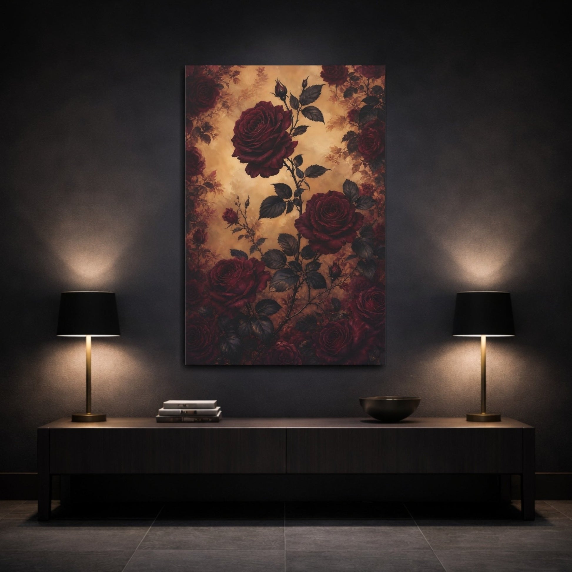 Floral Red Roses And Gold Canvas Print – Vintage Living Room, Above Couch - YesArtYes