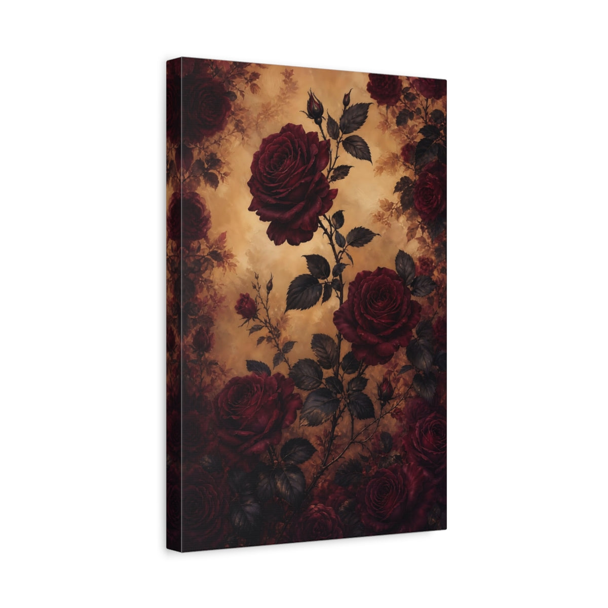 Side Mockup 4. Floral Red Roses Red And Gold shown as canvas print