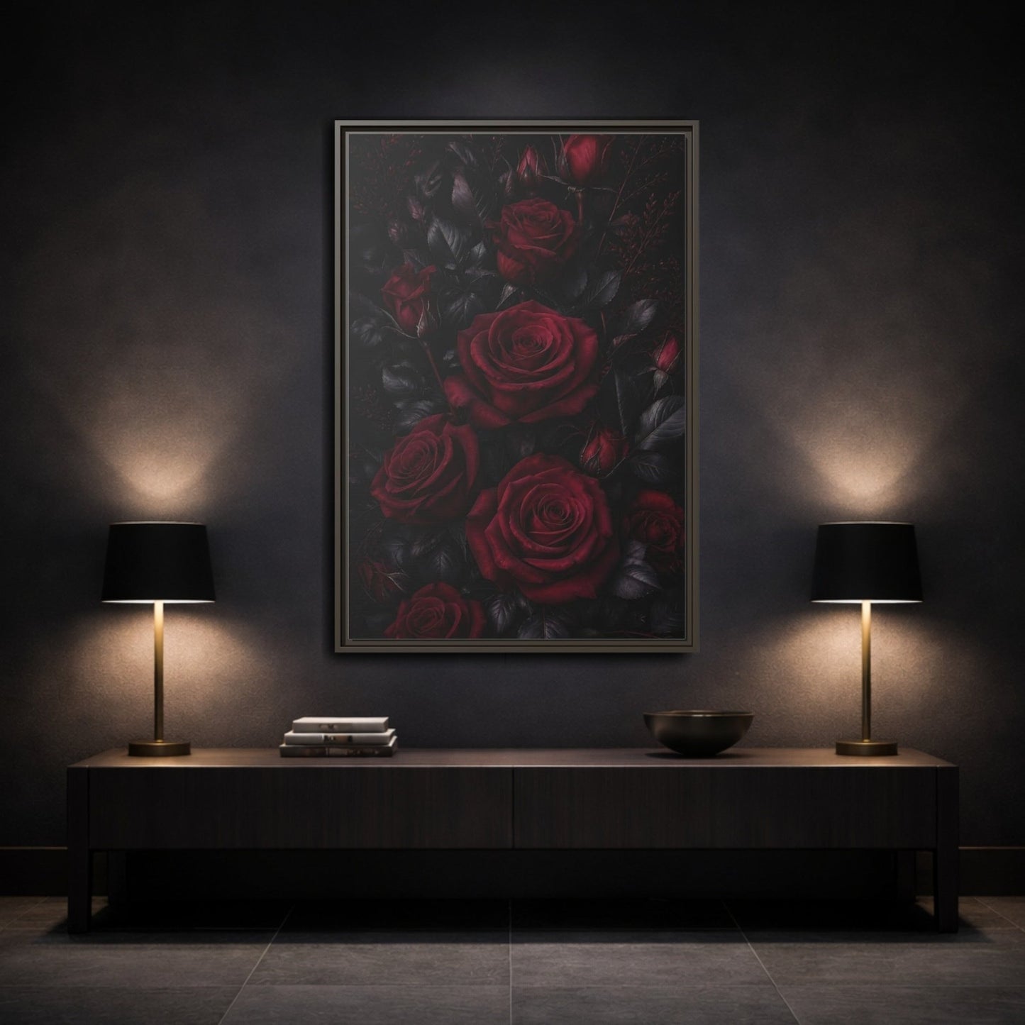 Floral Red Roses Dark Framed Canvas Print – Dramatic Decor for Living Room, Above Couch - YesArtYes