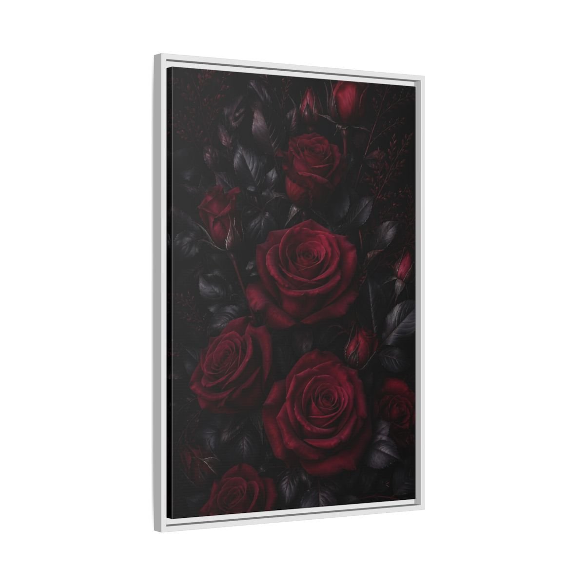 Floral Red Roses Dark Framed Canvas Print – Dramatic Decor for Living Room, Above Couch - YesArtYes