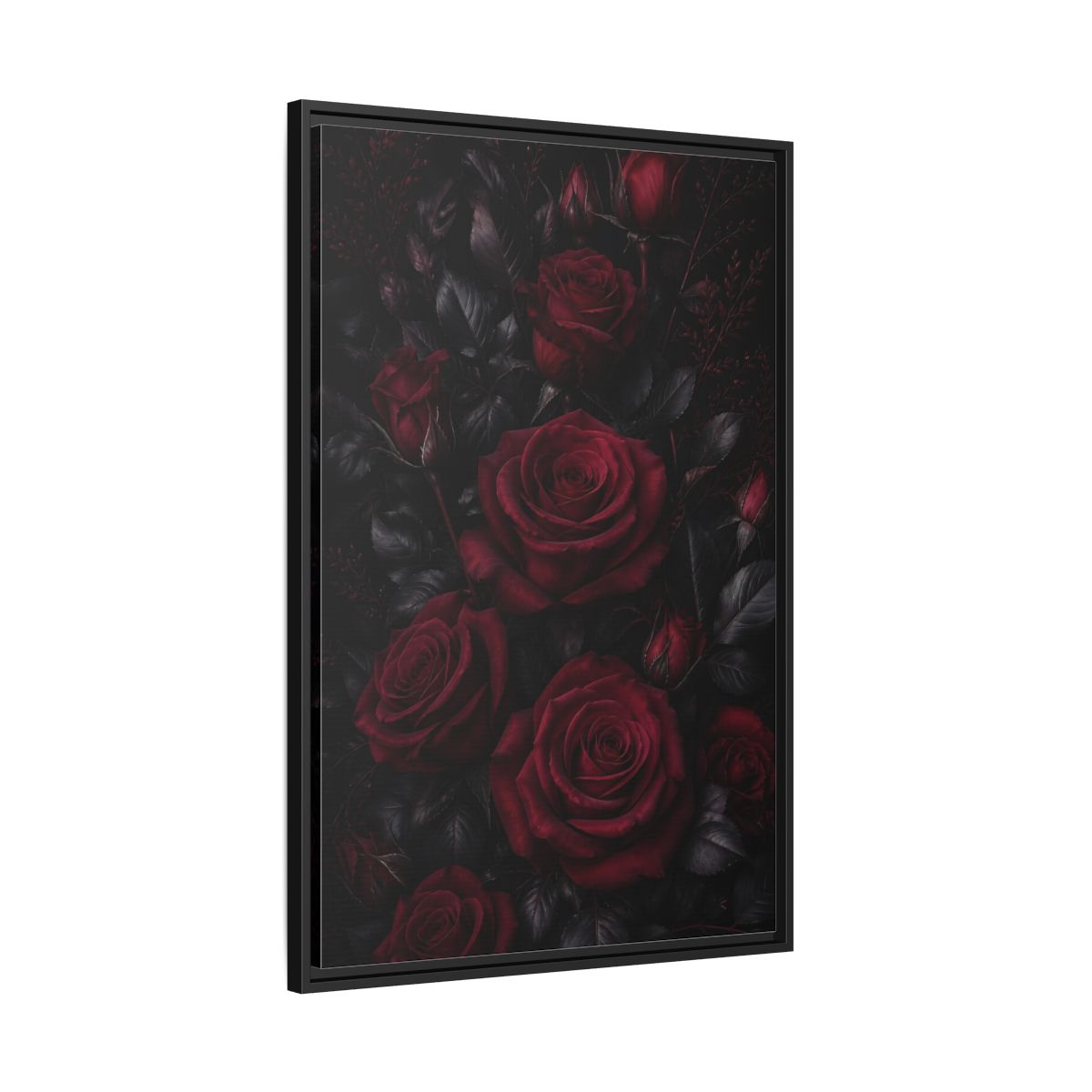 Side Mockup 13. Floral Red Roses Dark Red Roses shown as framed canvas print