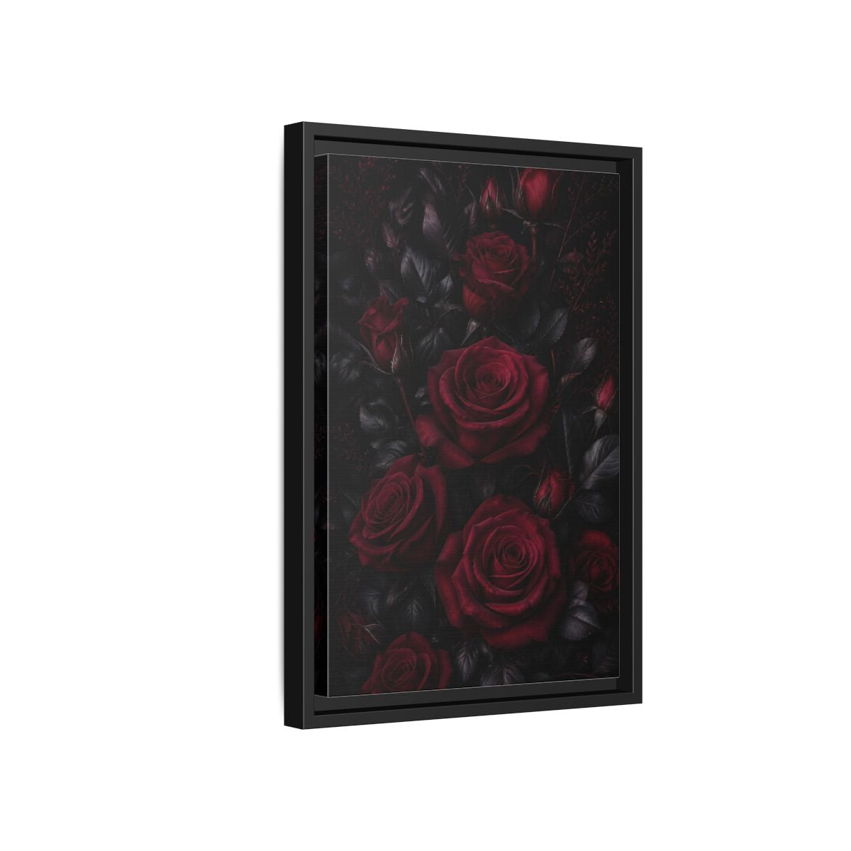 Side Mockup 6. Floral Red Roses Dark Red Roses shown as framed canvas print