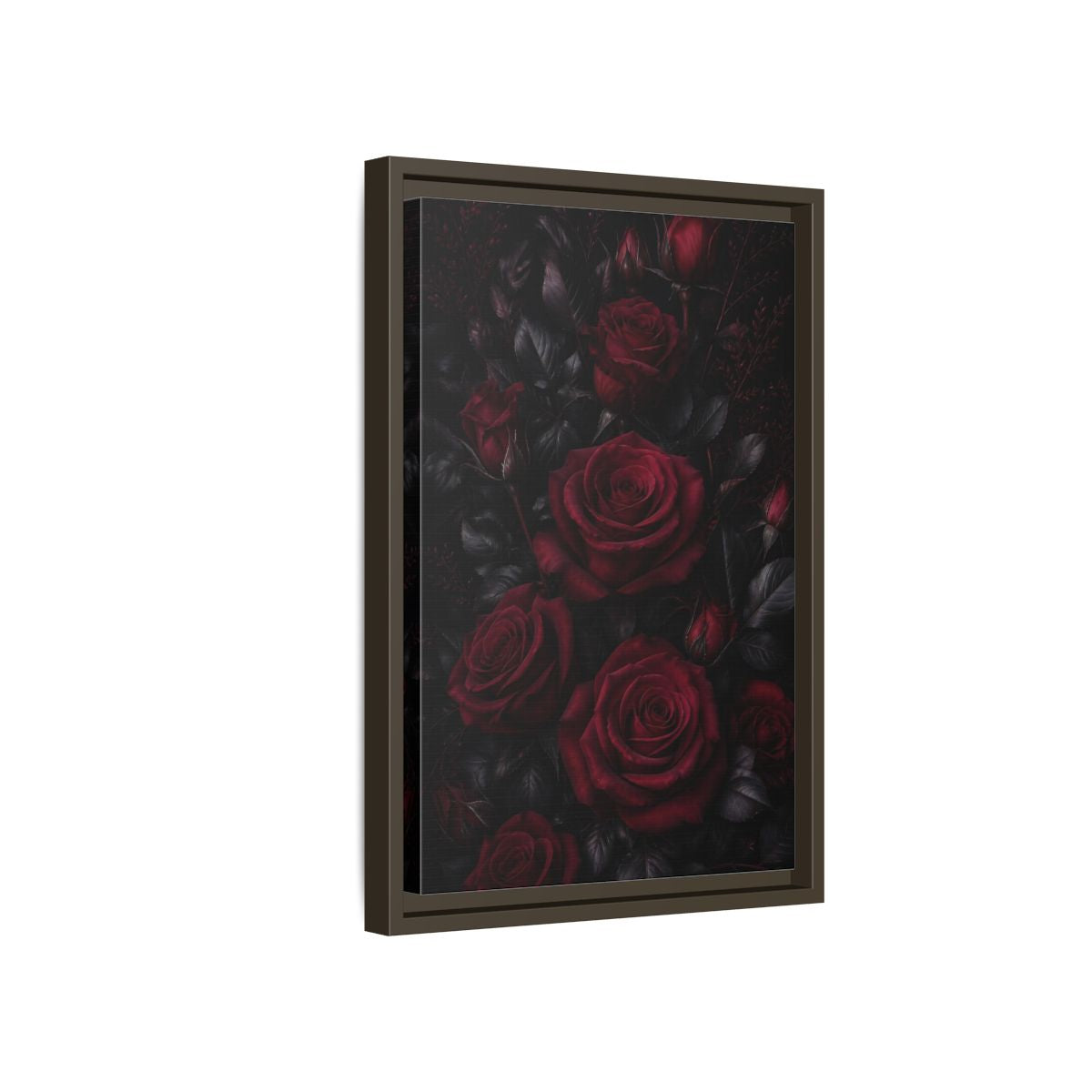 Side Mockup 5. Floral Red Roses Dark Red Roses shown as framed canvas print