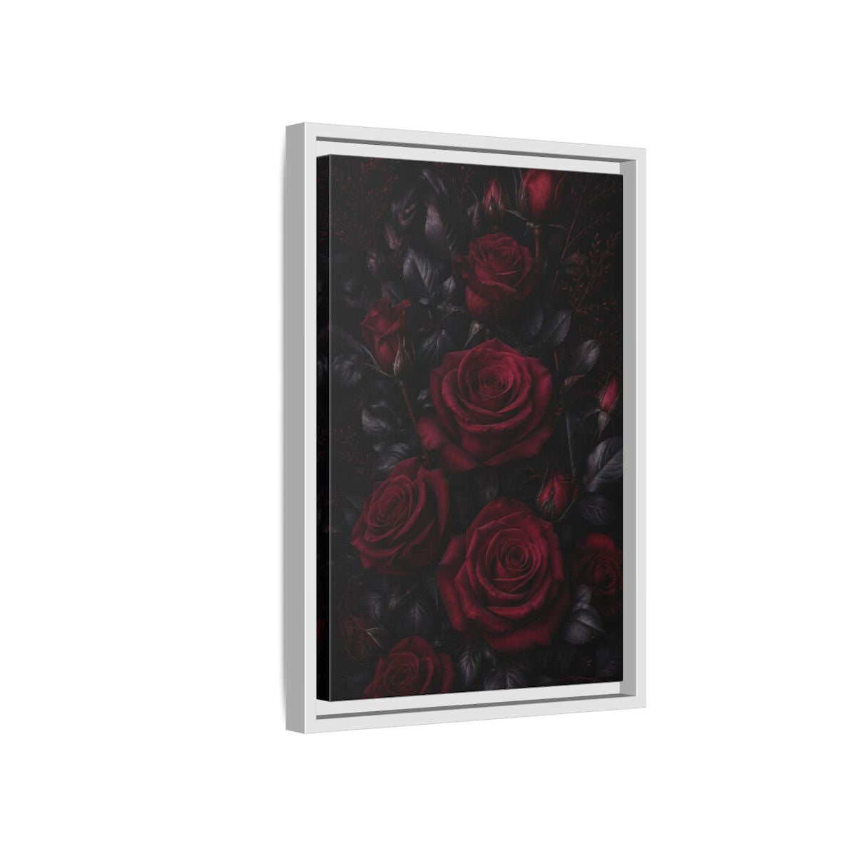 Side Mockup 4. Floral Red Roses Dark Red Roses shown as framed canvas print