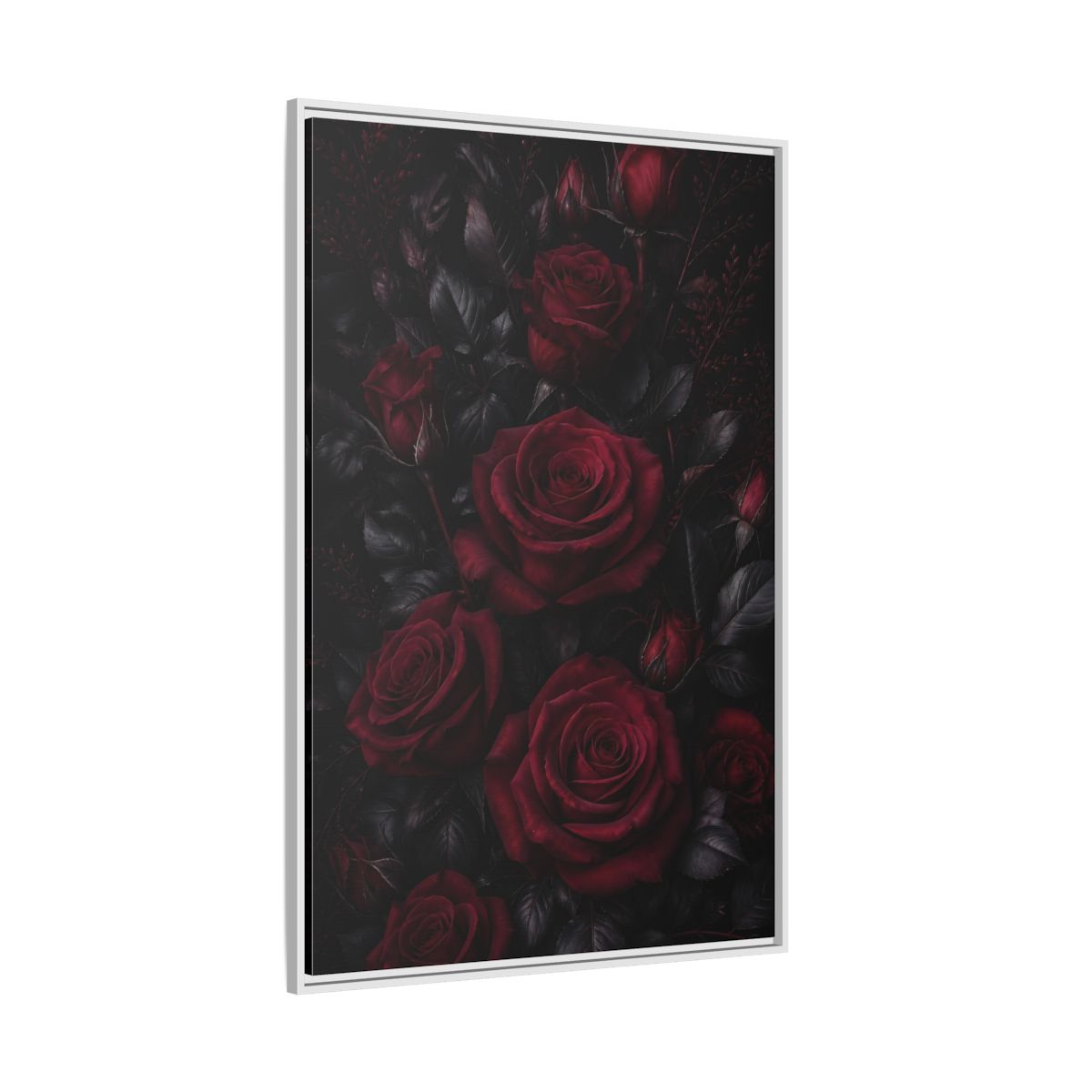 Side Mockup 7. Floral Red Roses Dark Red Roses shown as framed canvas print