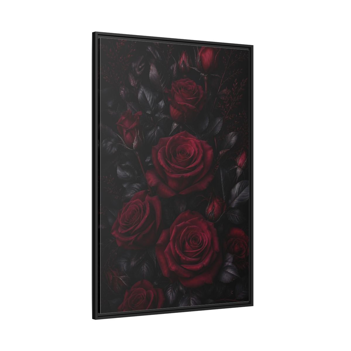 Side Mockup 12. Floral Red Roses Dark Red Roses shown as framed canvas print