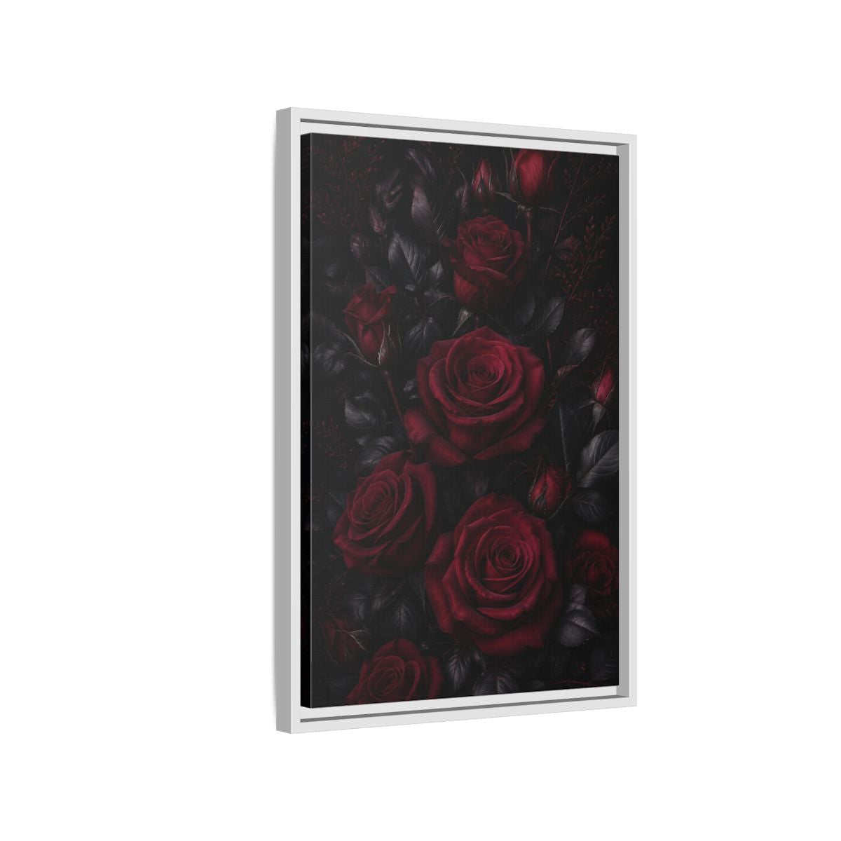 Side Mockup 1. Floral Red Roses Dark Red Roses shown as framed canvas print