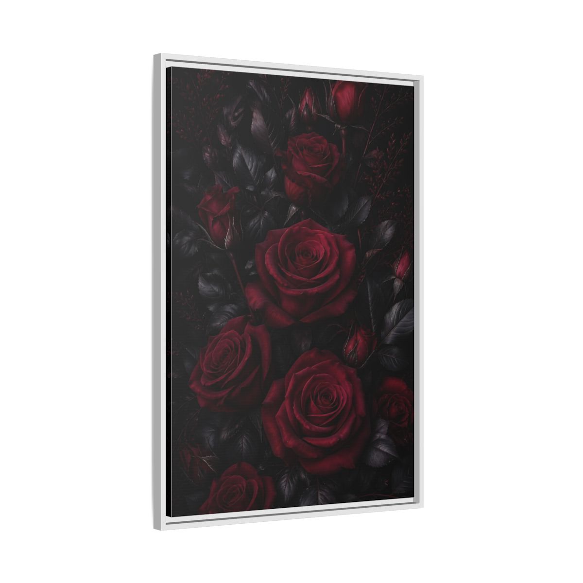 Side Mockup 9. Floral Red Roses Dark Red Roses shown as framed canvas print