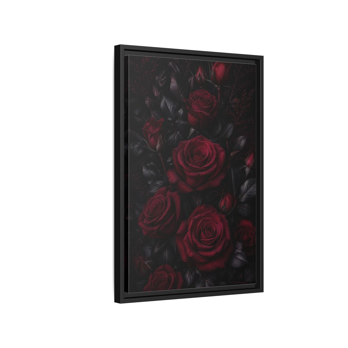 Side Mockup 3. Floral Red Roses Dark Red Roses shown as framed canvas print