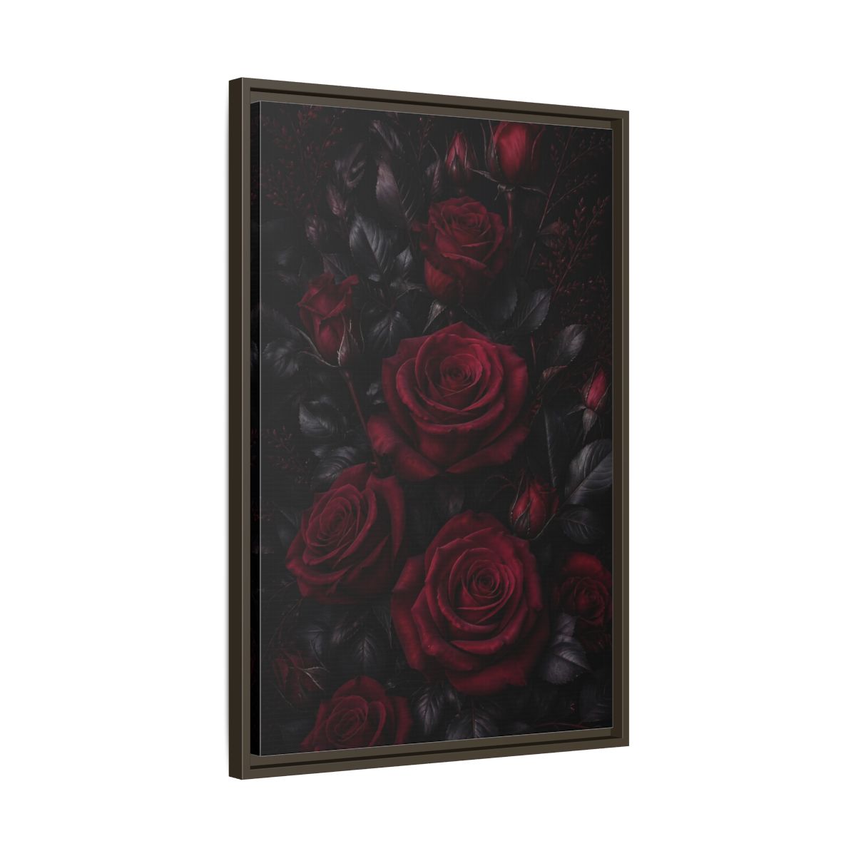 Side Mockup 11. Floral Red Roses Dark Red Roses shown as framed canvas print