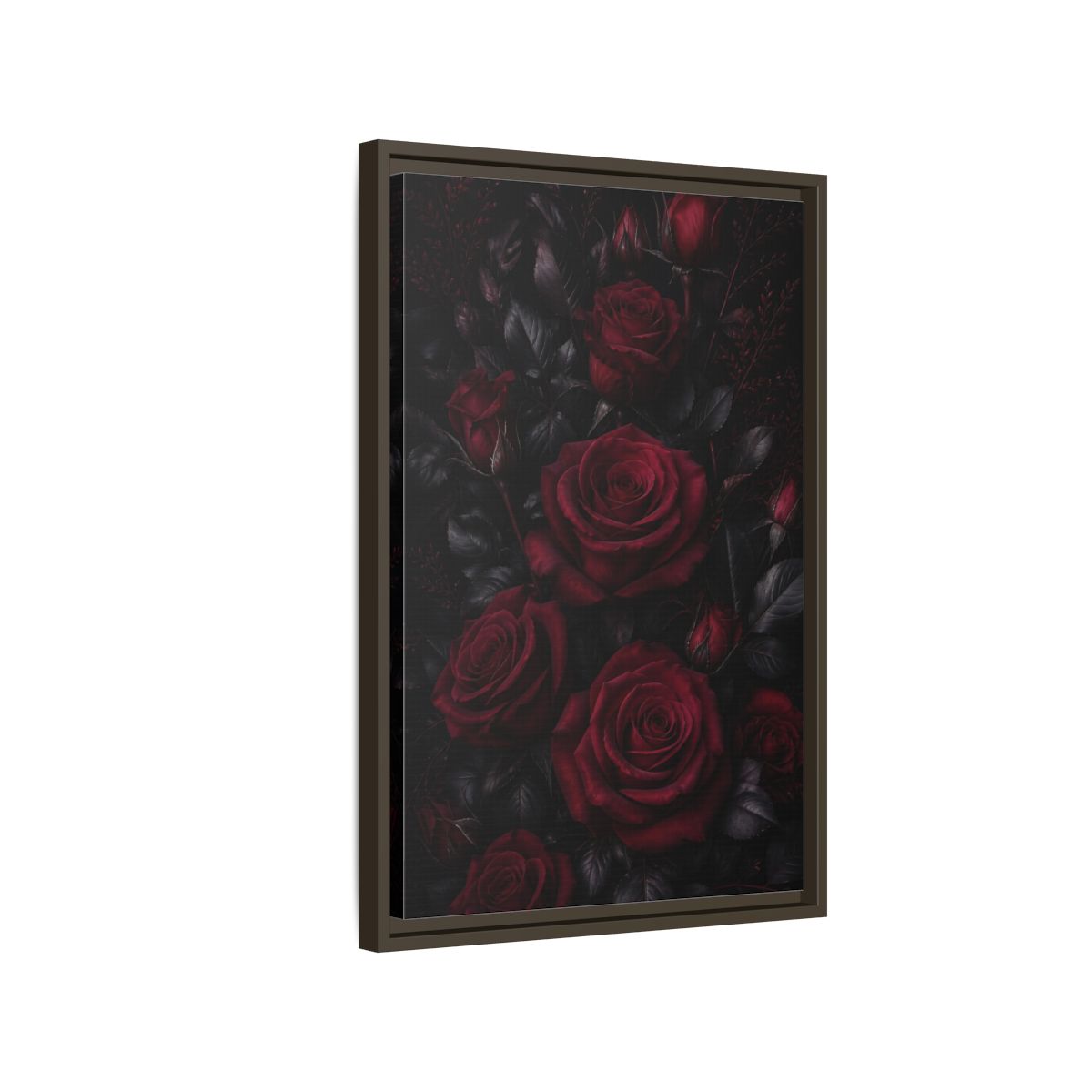 Side Mockup 2. Floral Red Roses Dark Red Roses shown as framed canvas print