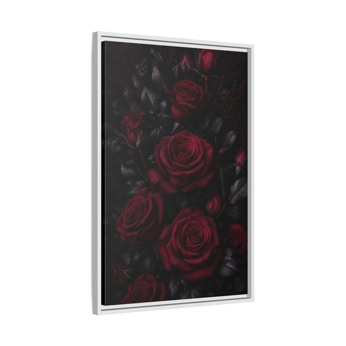 Side Mockup 10. Floral Red Roses Dark Red Roses shown as framed canvas print