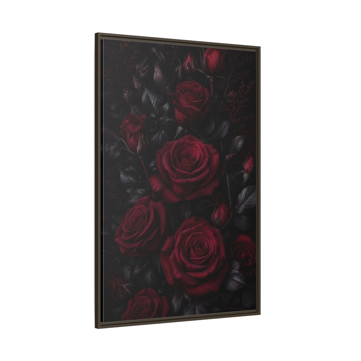 Side Mockup 8. Floral Red Roses Dark Red Roses shown as framed canvas print