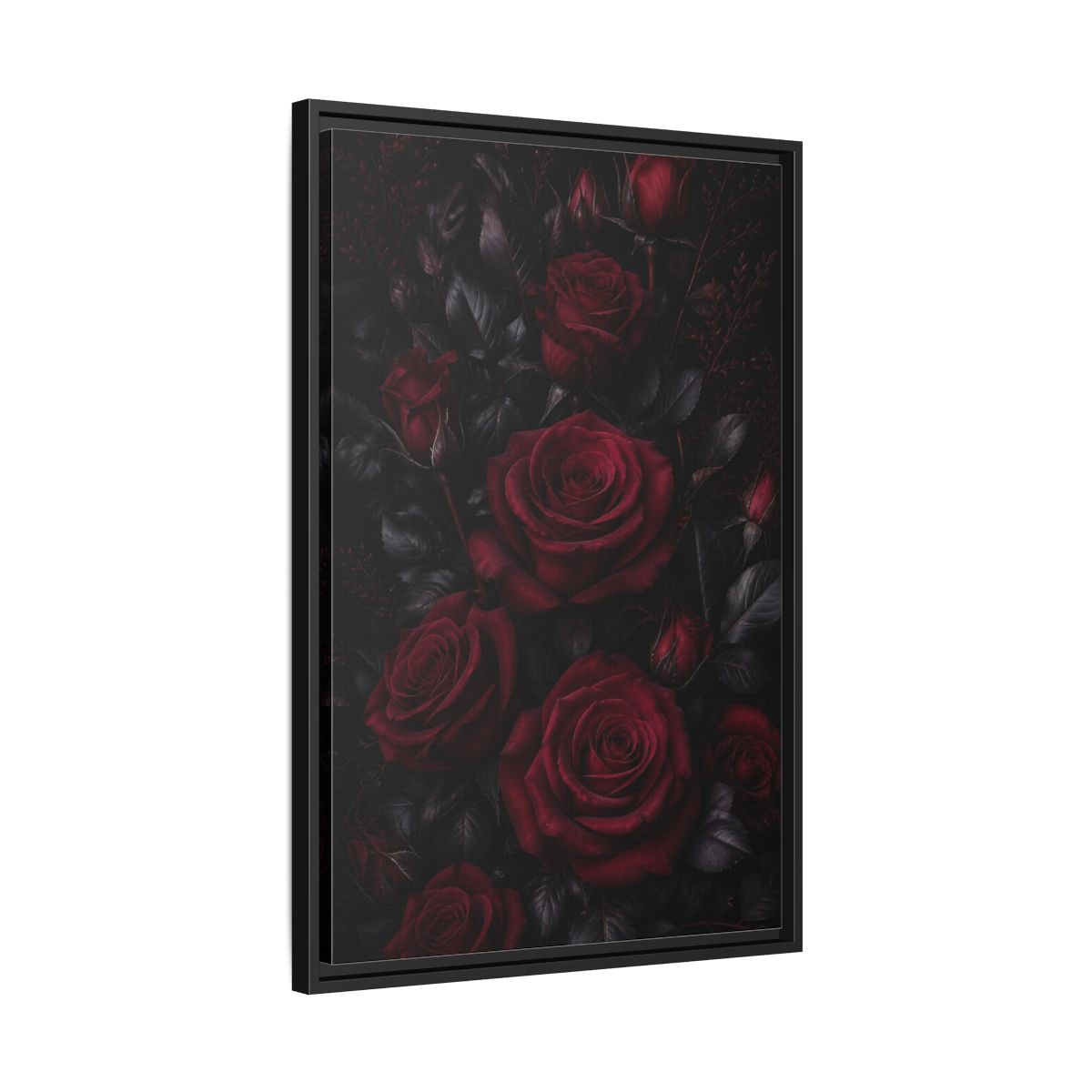 Side Mockup 14. Floral Red Roses Dark Red Roses shown as framed canvas print
