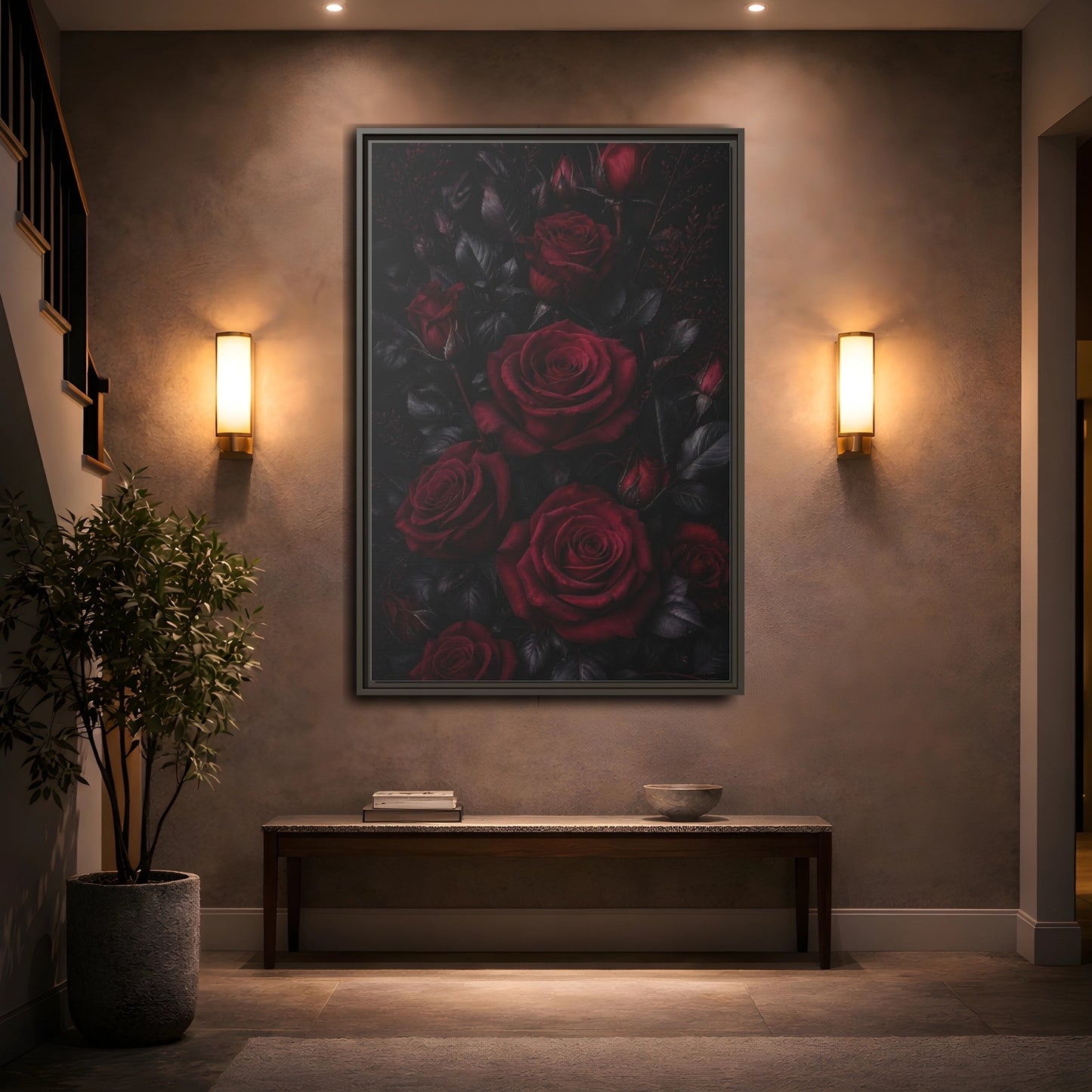Mockup 2. Floral Red Roses Dark Red Roses shown as framed canvas print