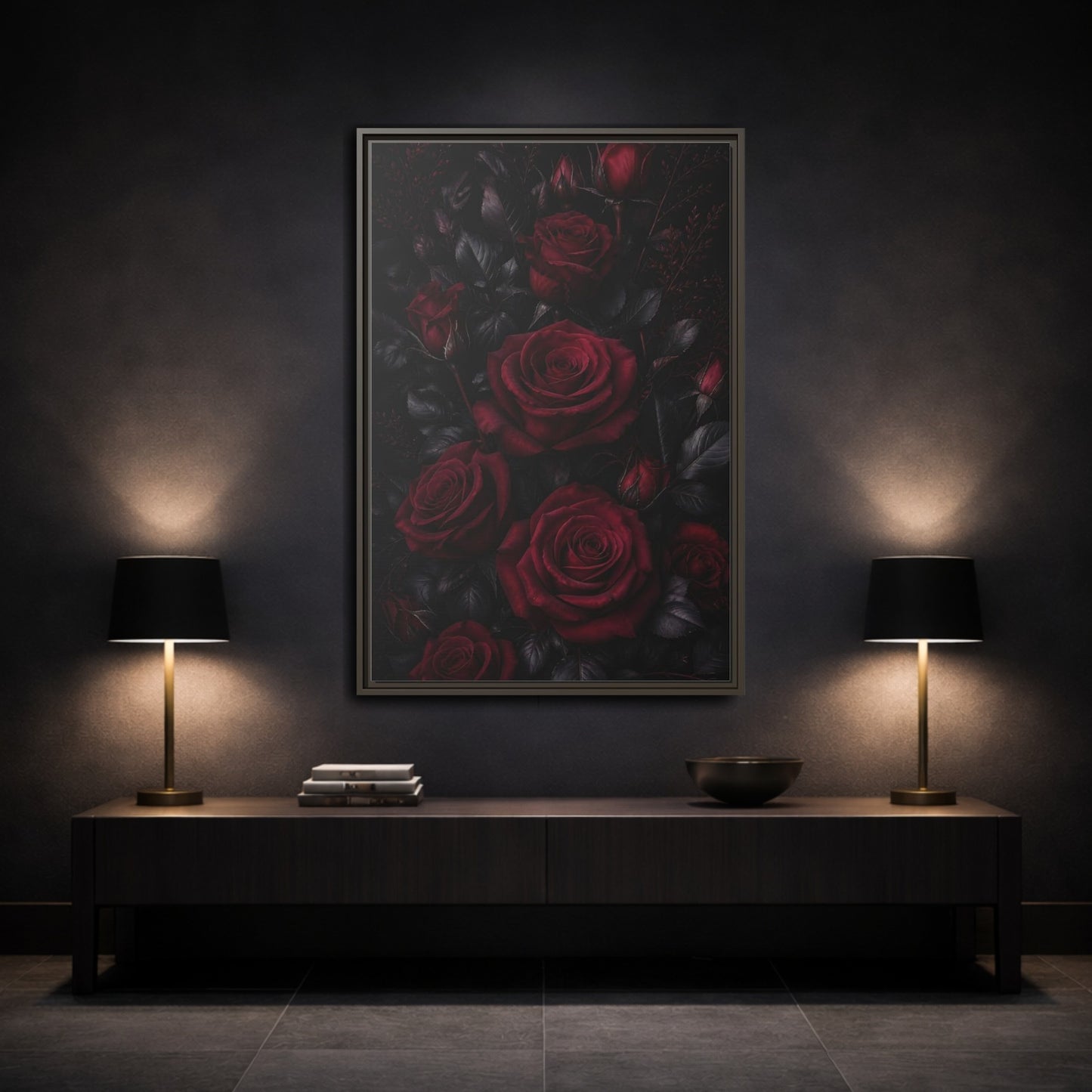 Mockup 3. Floral Red Roses Dark Red Roses shown as framed canvas print