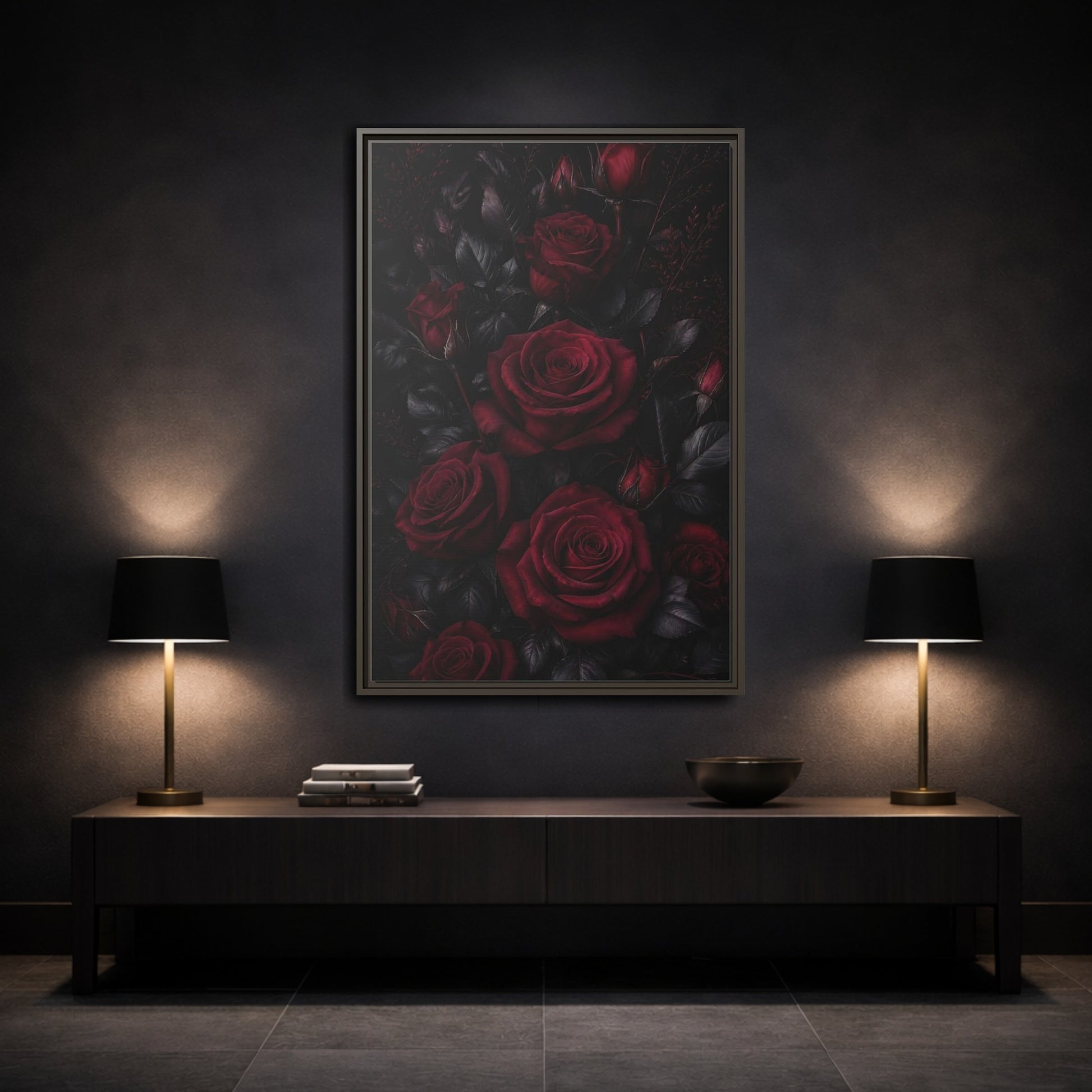 Mockup 3. Floral Red Roses Dark Red Roses shown as framed canvas print