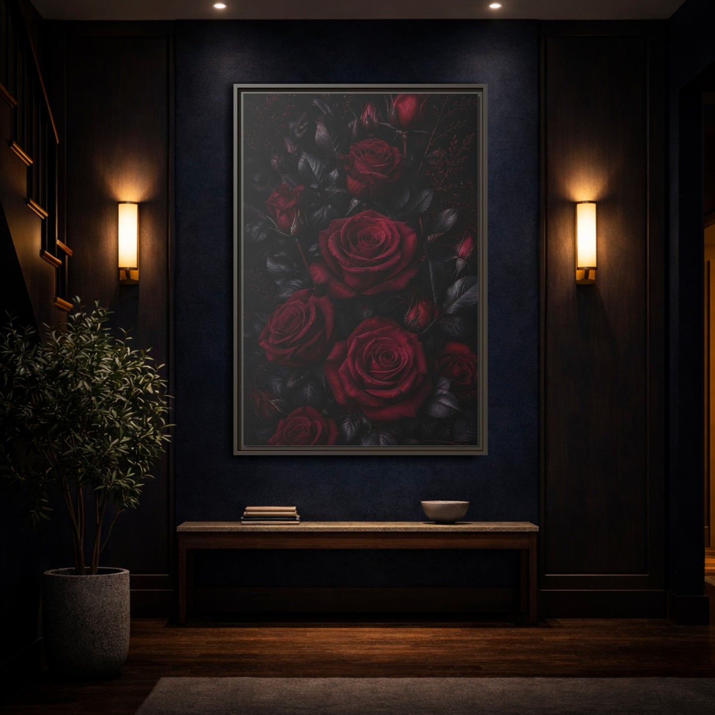 Mockup 4. Floral Red Roses Dark Red Roses shown as framed canvas print