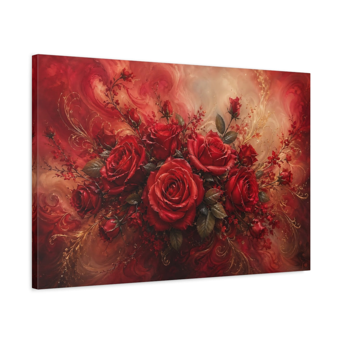 Side Mockup 2. Floral Red Roses Red Roses Gold shown as stretched canvas wall art