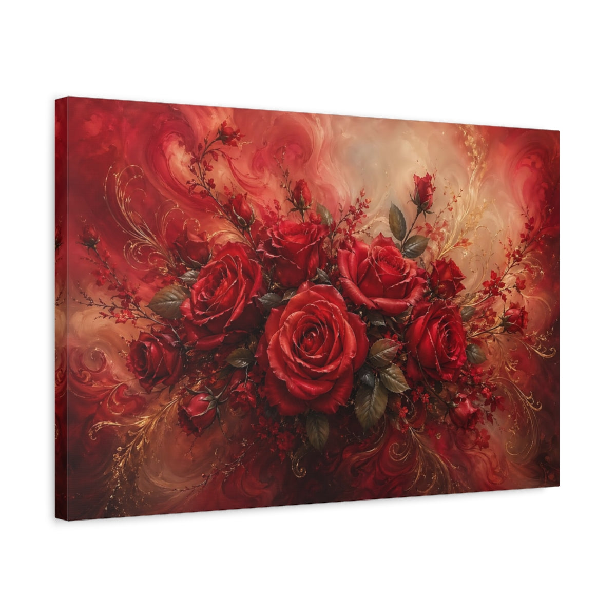 Side Mockup 3. Floral Red Roses Red Roses Gold shown as stretched canvas wall art