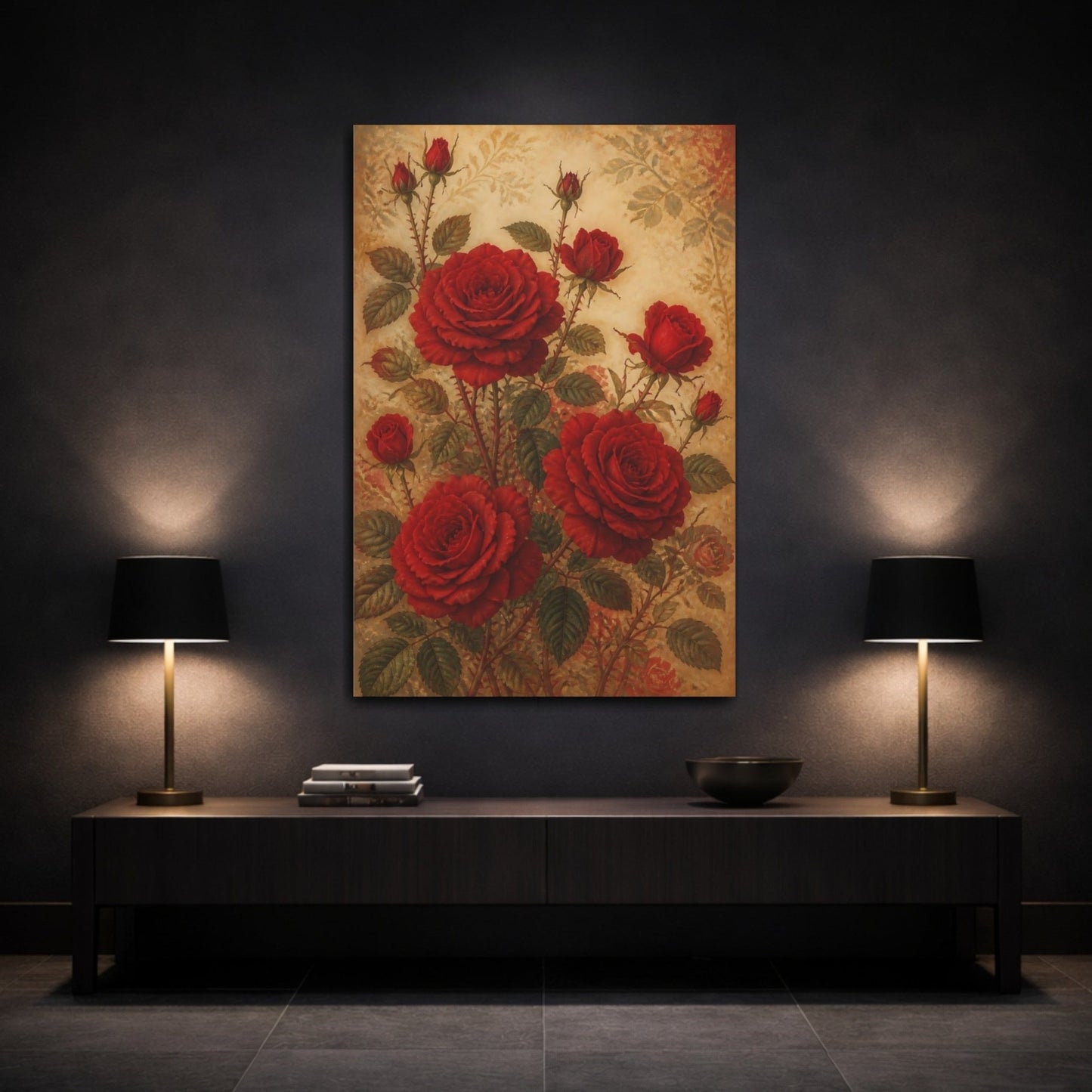 Floral Red Roses Gold Canvas Print – Vintage Living Room, Above Sofa - YesArtYes