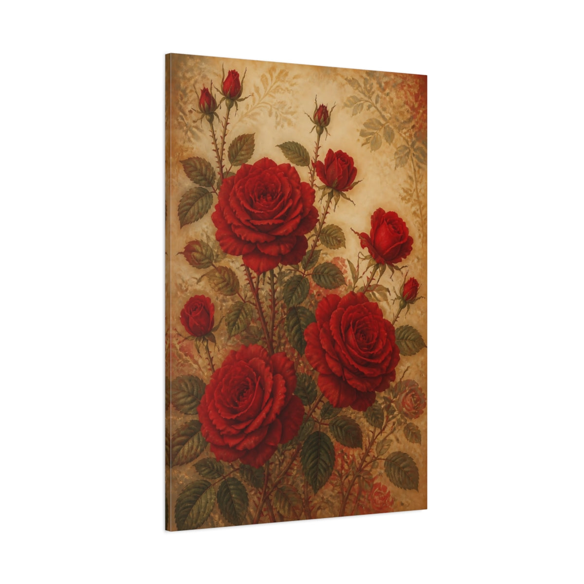 Side Mockup 1. Floral Red Roses Red Gold shown as canvas print