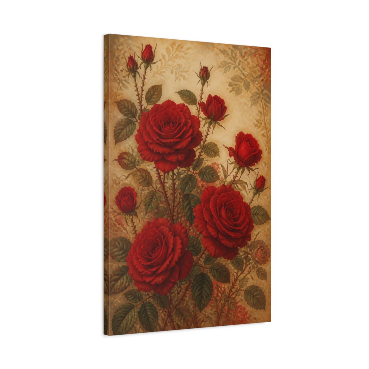 Side Mockup 2. Floral Red Roses Red Gold shown as canvas print