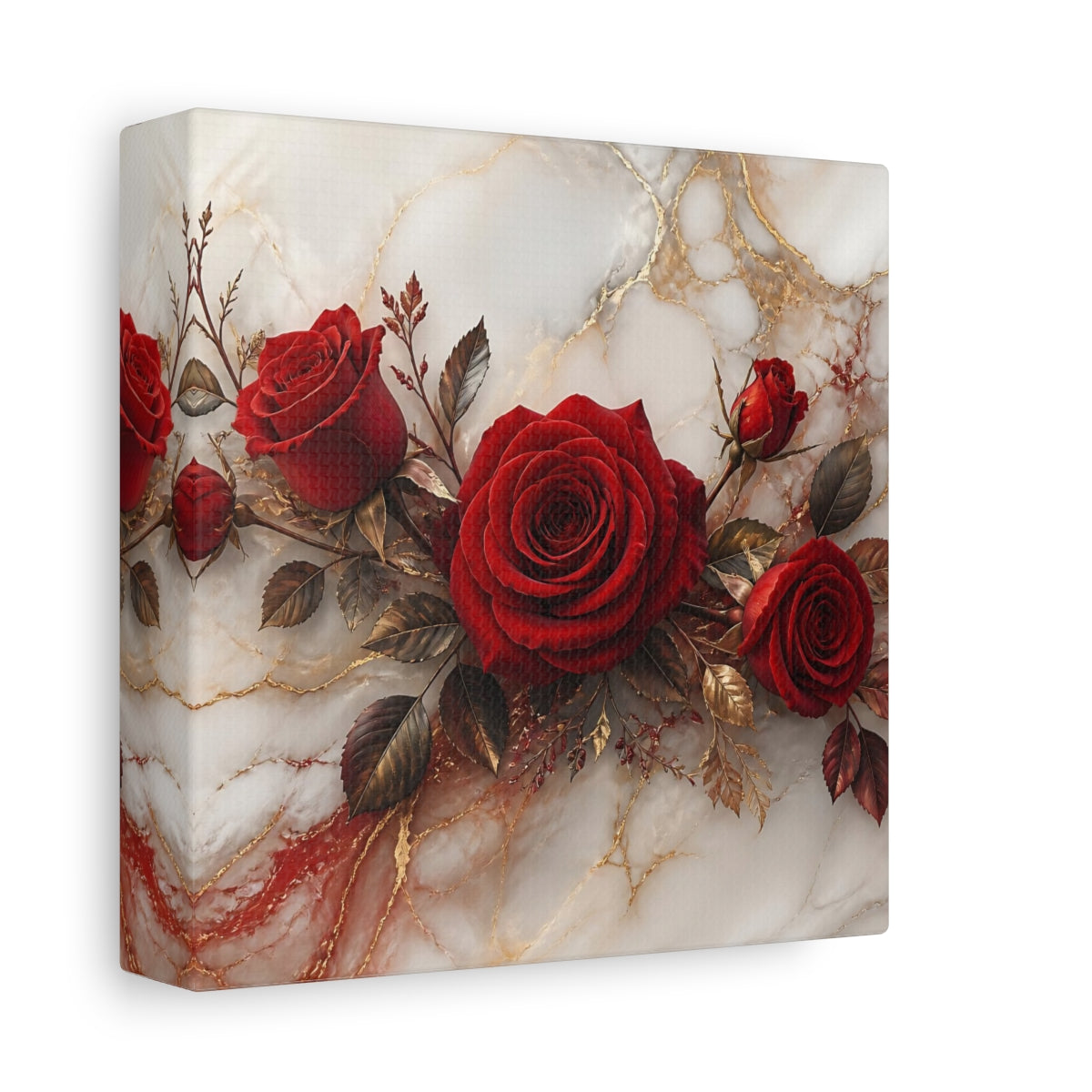 Side Mockup 2. Floral Red Roses Red Gold Marble shown as stretched canvas wall art