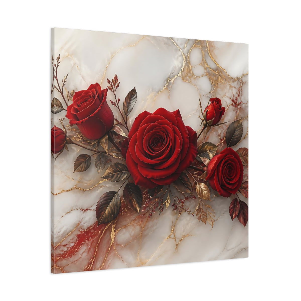 Side Mockup 1. Floral Red Roses Red Gold Marble shown as stretched canvas wall art