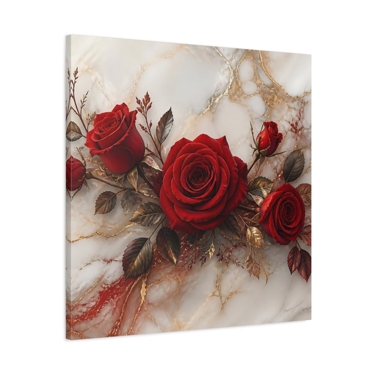 Side Mockup 3. Floral Red Roses Red Gold Marble shown as stretched canvas wall art