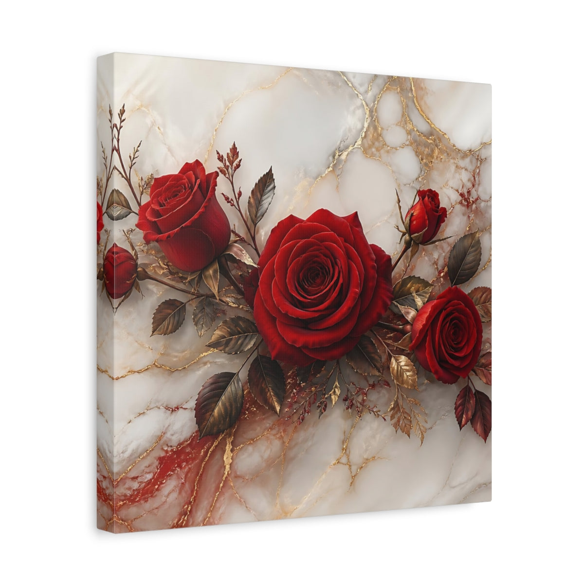 Side Mockup 7. Floral Red Roses Red Gold Marble shown as stretched canvas wall art