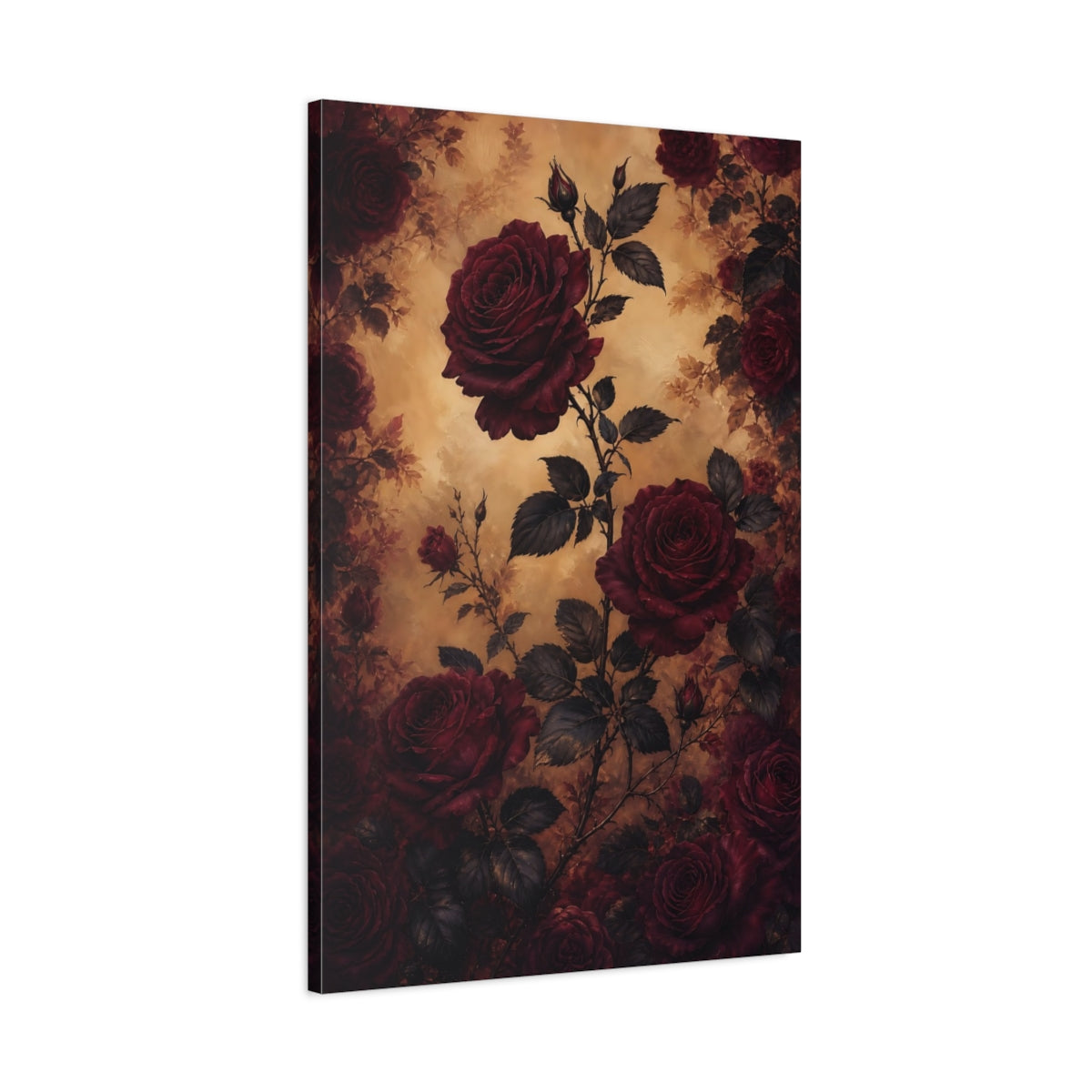 Main Mockup. Floral Red Roses Red And Gold shown as canvas print