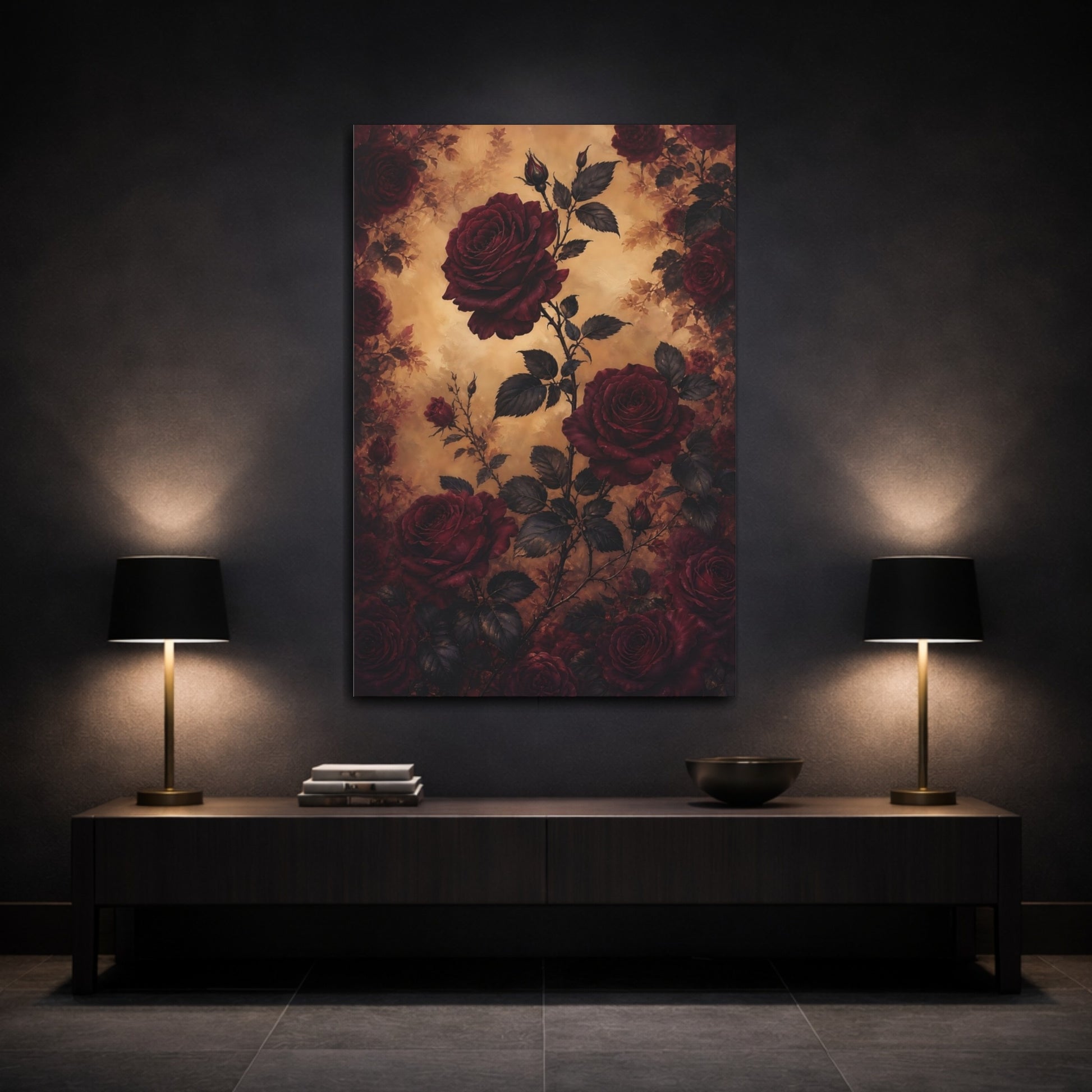 Mockup 3. Floral Red Roses Red And Gold shown as canvas print