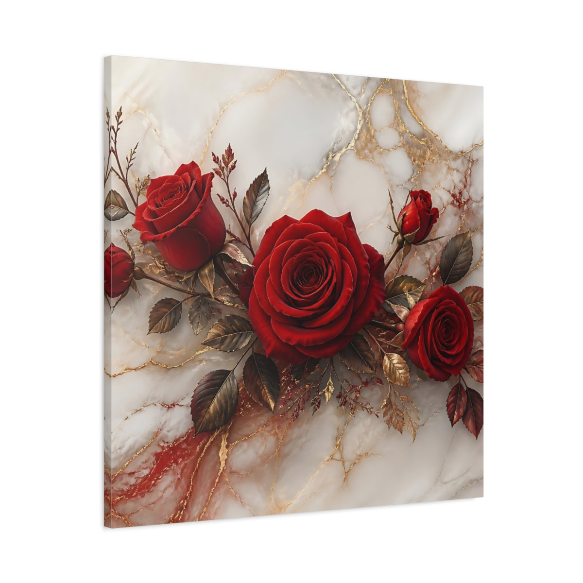 Main Mockup. Floral Red Roses Red Gold Marble shown as stretched canvas wall art